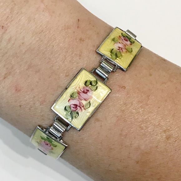 Sterling Silver Guilloche Vintage Rose Enamel Link Plate Bracelet 6.5" Cottage - Picture 11 of 16